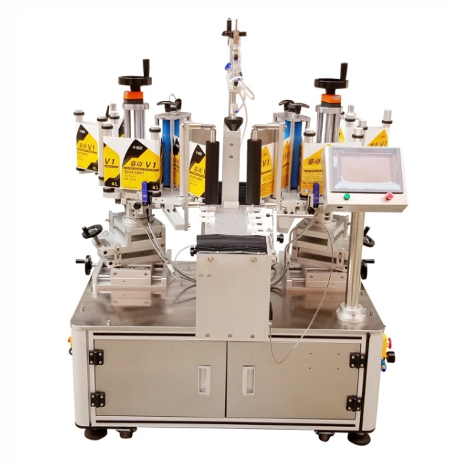 Industrial automatic labeling machine with touchscreen control and dual stations.